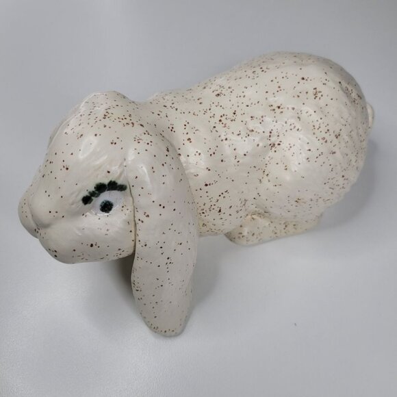 Ceramic Bunny Rabbit Glazed Holland Lop Ear Cream Speckled Eyelash 7 Inches Long - Picture 3 of 12